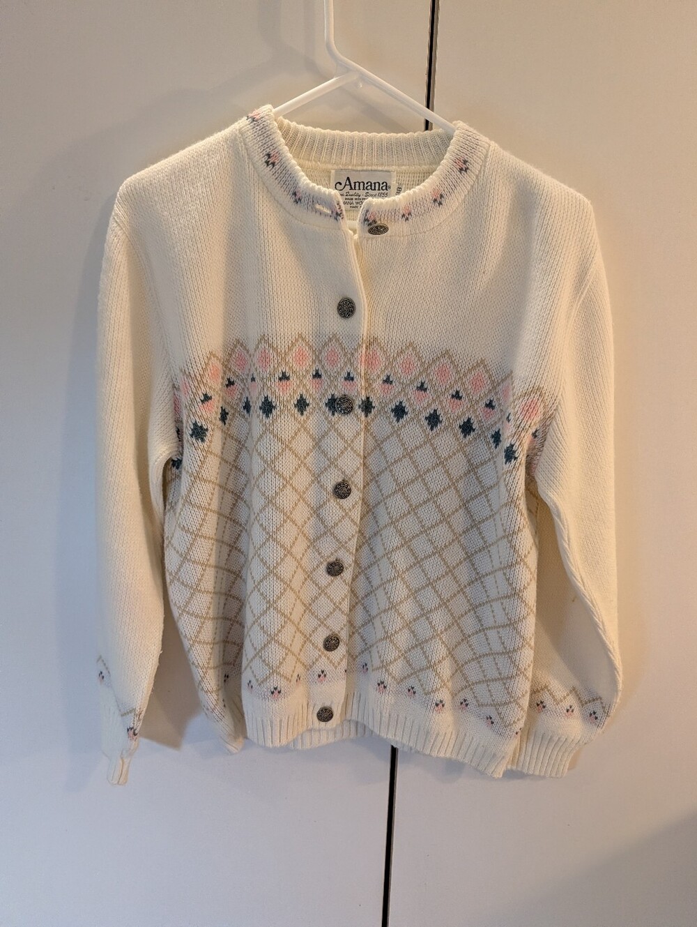 Amana Made In USA Woman's Size 38/M Cream Knit Cardigan with Pink/Blue  Pattern